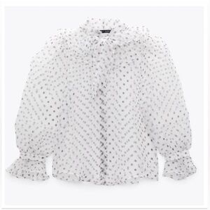 Zara white sheer black polka dot button down shirt with bow tie
